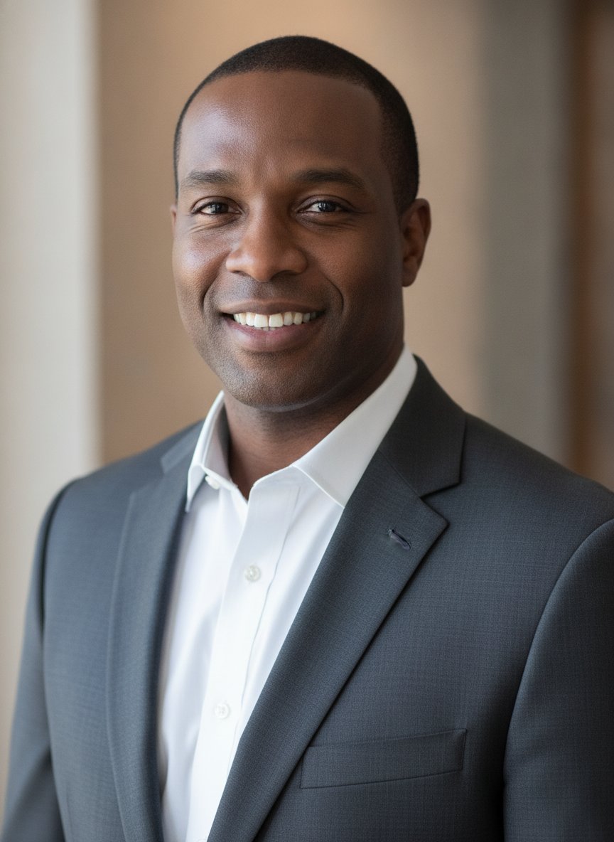 Daniel Okafor, New Construction and Investment Advisor, in a charcoal suit