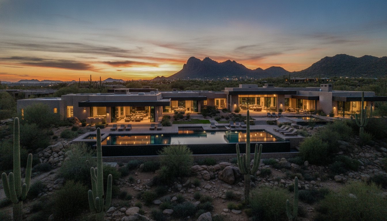 Luxury desert-modern estate glowing at dusk with an infinity pool and Camelback Mountain on the horizon