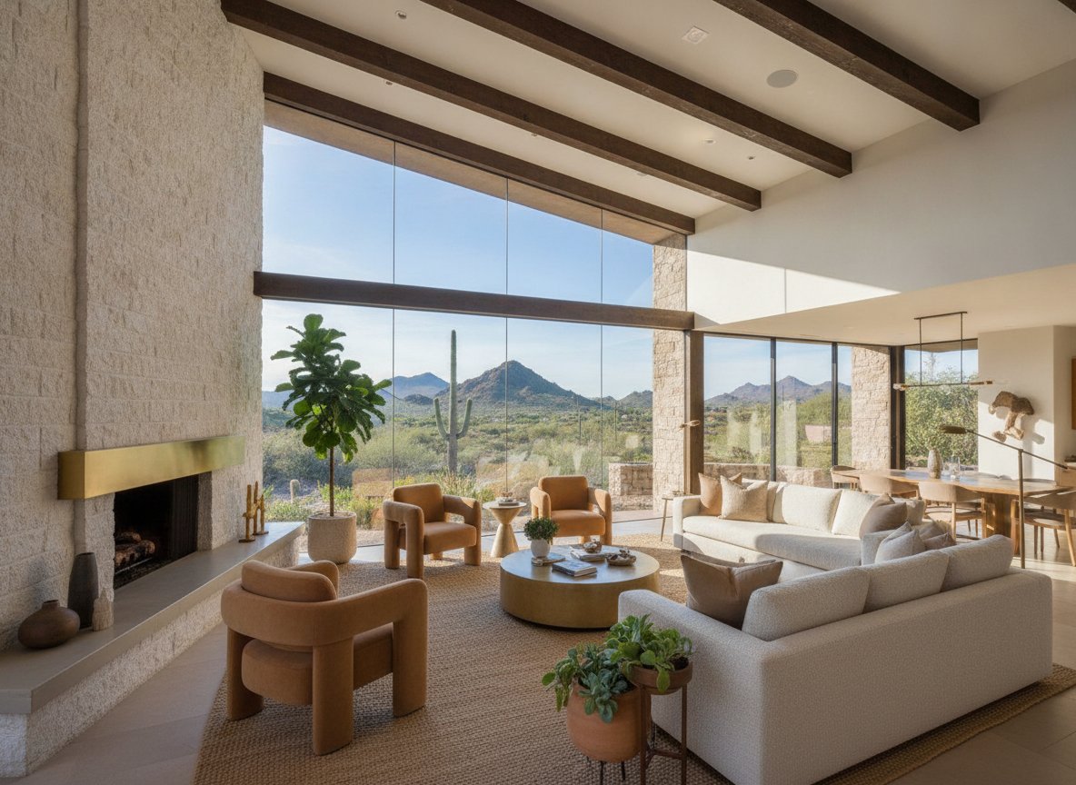 Luxury desert-modern living room with wood-beam ceilings and floor-to-ceiling mountain views