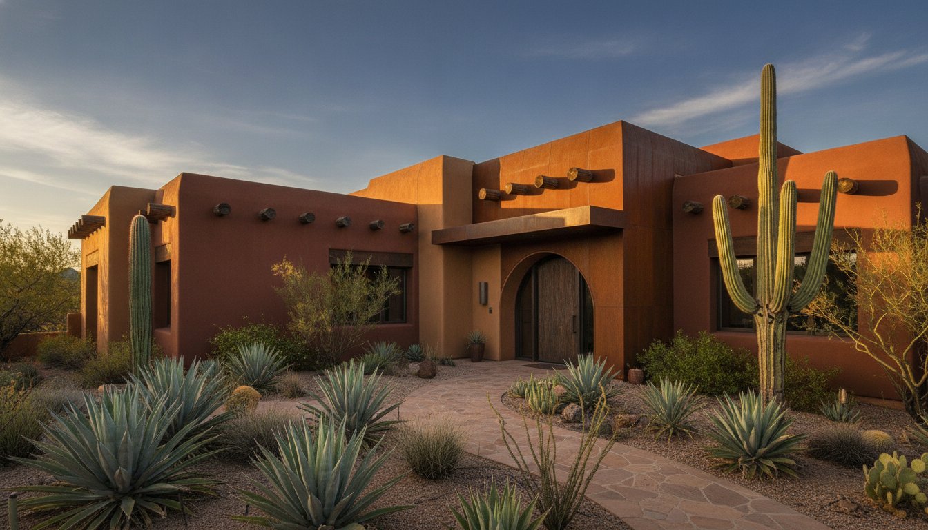 Contemporary adobe home with terracotta stucco walls and saguaro landscaping at golden hour