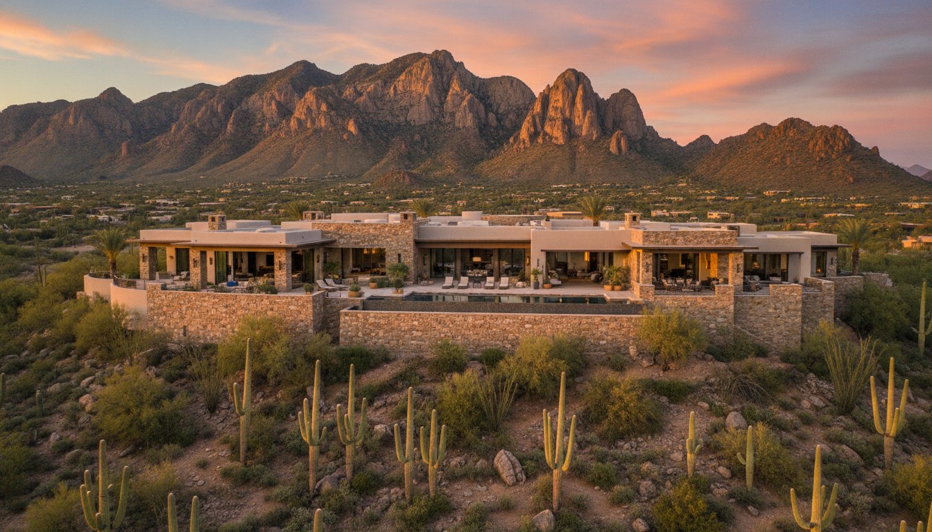 Stone and stucco mountain-view estate on an elevated Scottsdale lot with the McDowell range behind it