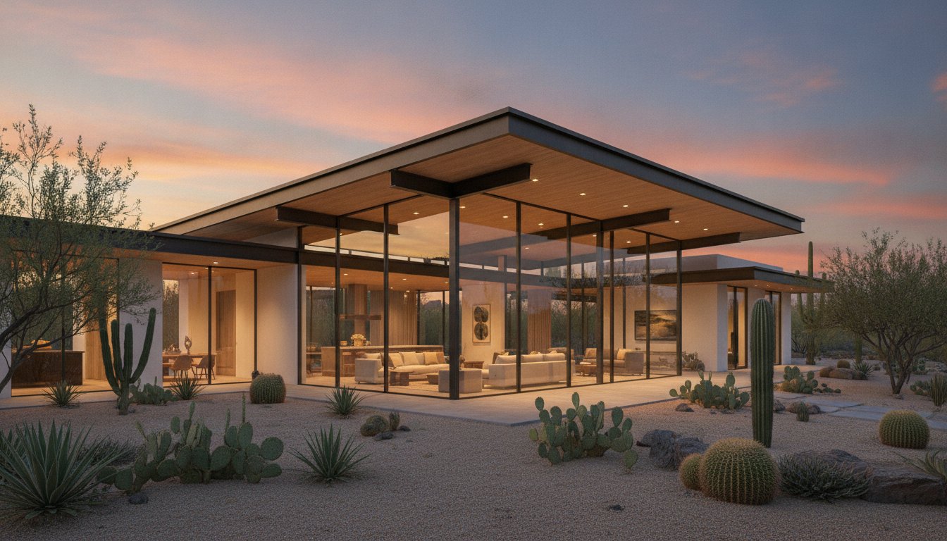 Glass-walled desert-modern home with cantilevered roof glowing at twilight