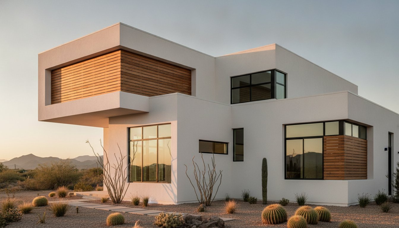 Minimalist new-build home with white geometric volumes, wood slat accents, and young desert landscaping