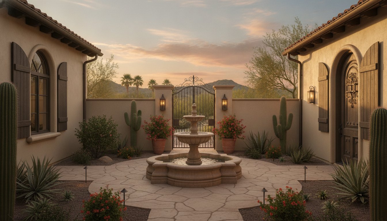 Mediterranean courtyard villa with a stone fountain, cream stucco, and iron entry gate